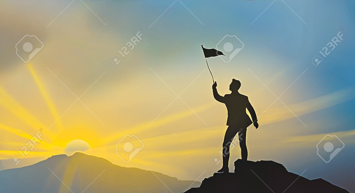 silhouette of man on mountain top over sky and sun light background, business, success, leadership, achievement and people concept