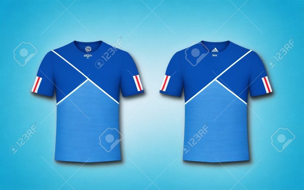 Kit da calcio per lo sport con motivo a strisce blu, bianche e blu, maglia, modello di design t-shirt