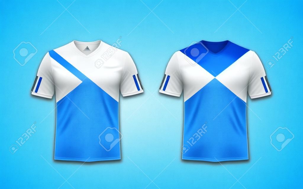 파란색, 흰색 및 파랑 줄무늬 패턴 스포츠 축구 키트, 저지, 티셔츠 디자인 템플릿