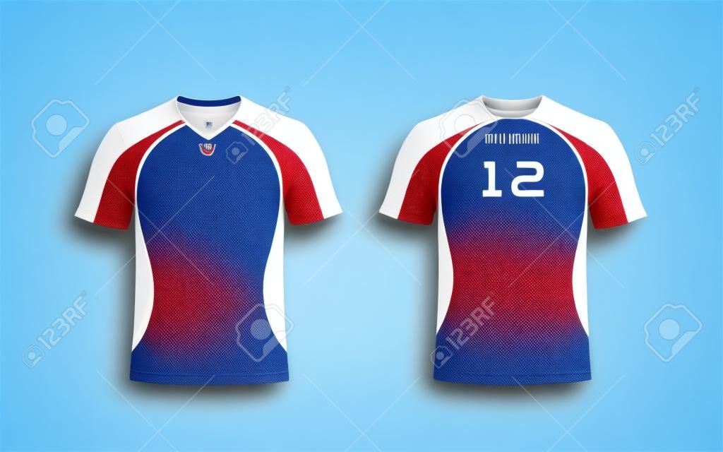Padrão de listra branca, azul e vermelho esporte kits de futebol, camisa, modelo de design de t-shirt