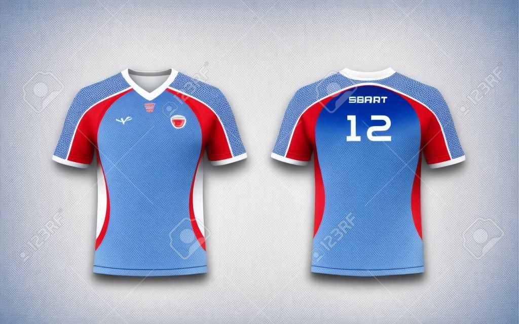 Kit da calcio per sport, motivo a strisce bianche, blu e rosse, maglia, modello di design t-shirt