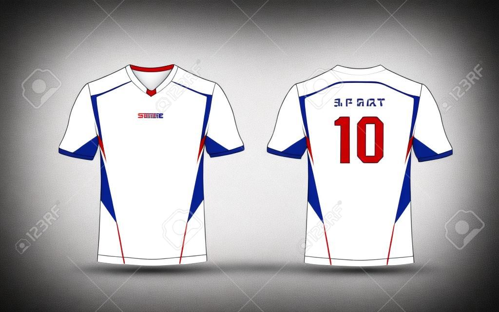 Kits de football sport motif blanc, rouge et bleu, maillot, modèle de conception de t-shirt