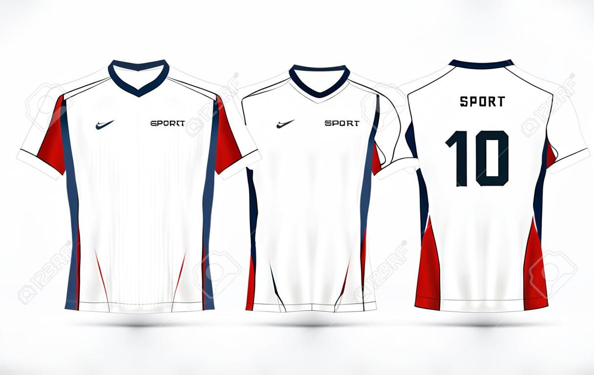 Kits de football sport motif blanc, rouge et bleu, maillot, modèle de conception de t-shirt