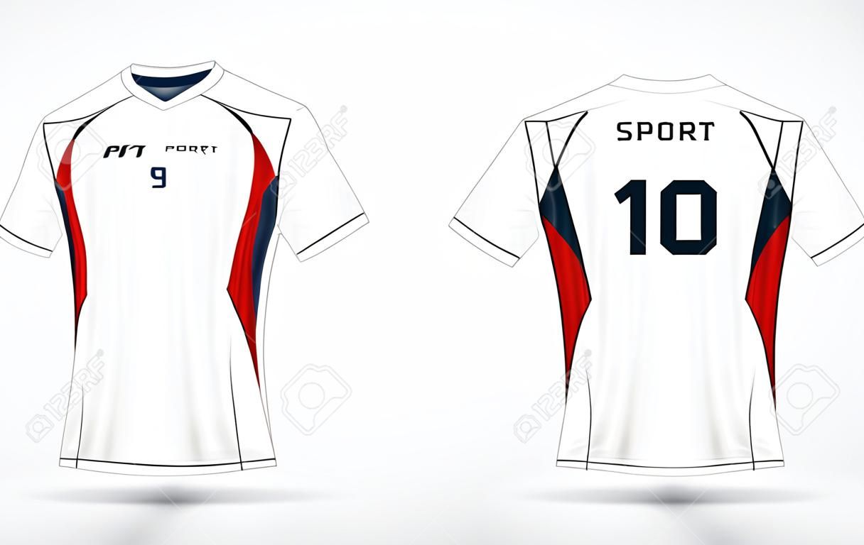 Weiße, rote und blaue Mustersport-Fußballausrüstungen, Trikot, T-Shirt Designschablone