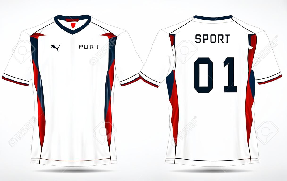 Weiße, rote und blaue Mustersport-Fußballausrüstungen, Trikot, T-Shirt Designschablone