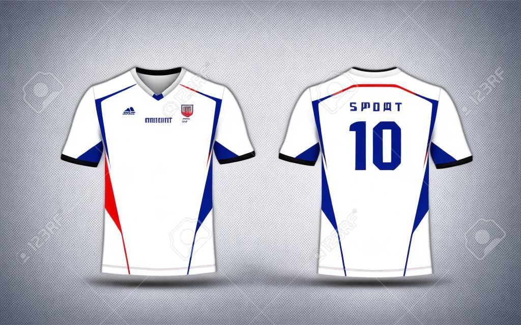 ホワイト、レッド、ブルーパターンスポーツサッカーキット、ジャージ、Tシャツデザインテンプレート