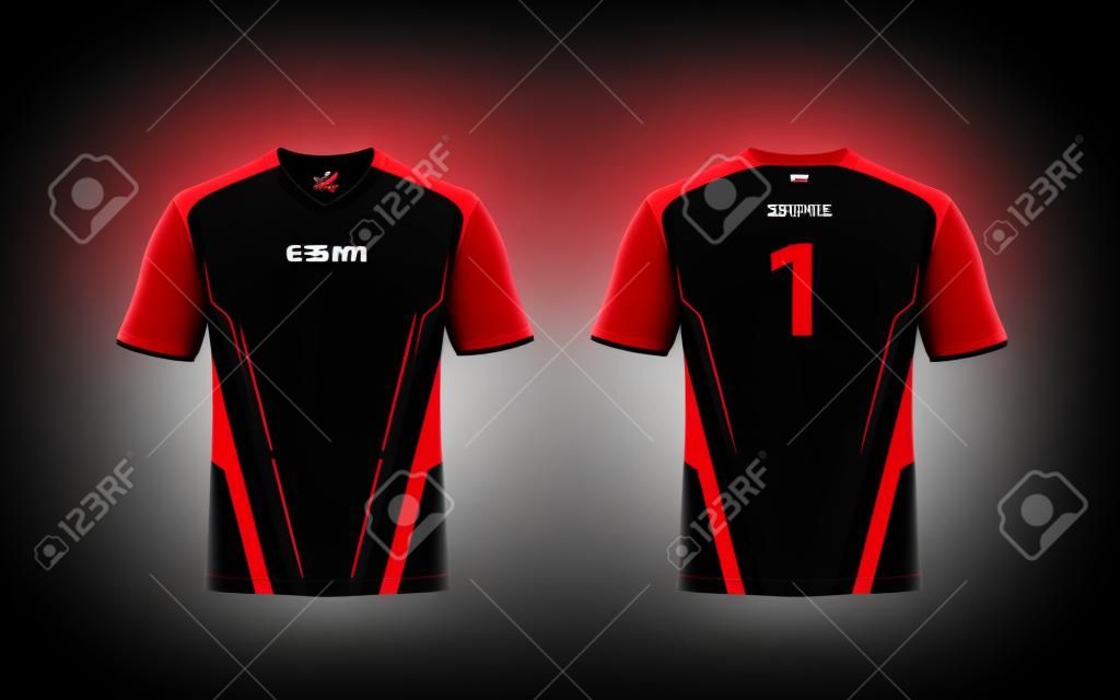 Modèle de conception de t-shirt e-sport disposition noir, rouge et blanc