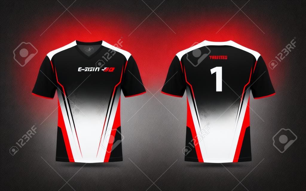 Modèle de conception de t-shirt e-sport disposition noir, rouge et blanc