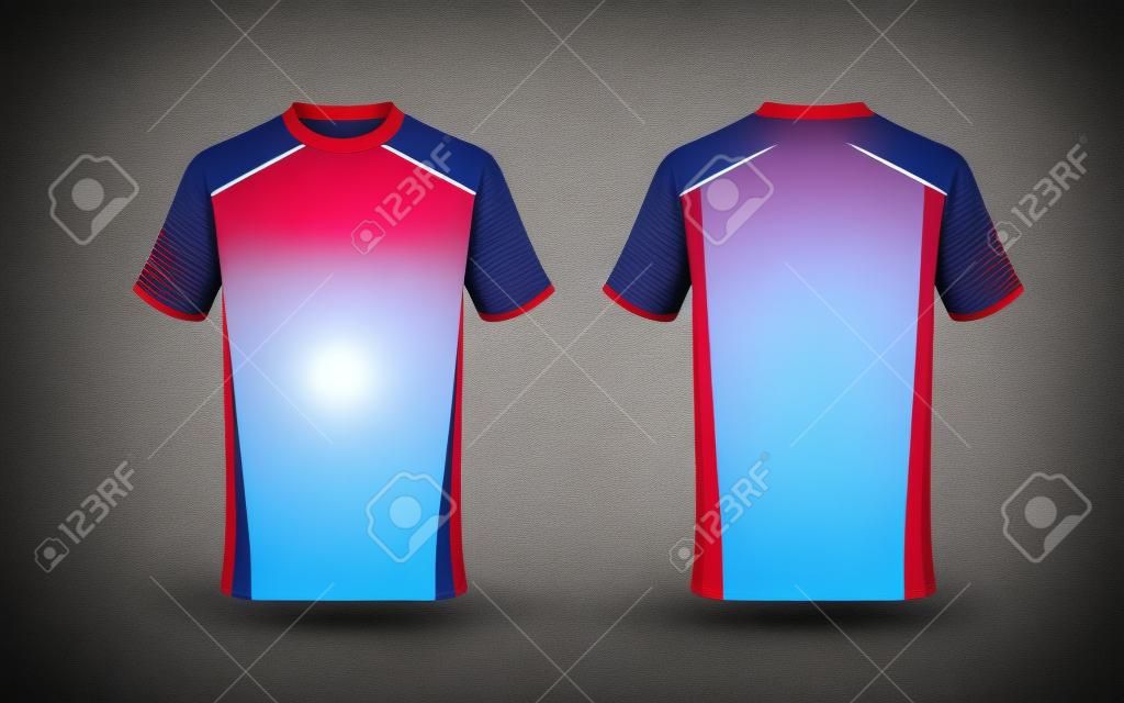 Blauw, rood en wit layout e-sport t-shirt ontwerp template