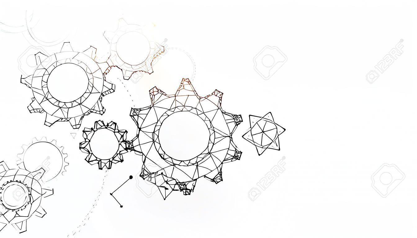 Hand holding gears from lines, triangles and particle style design. Illustration vector