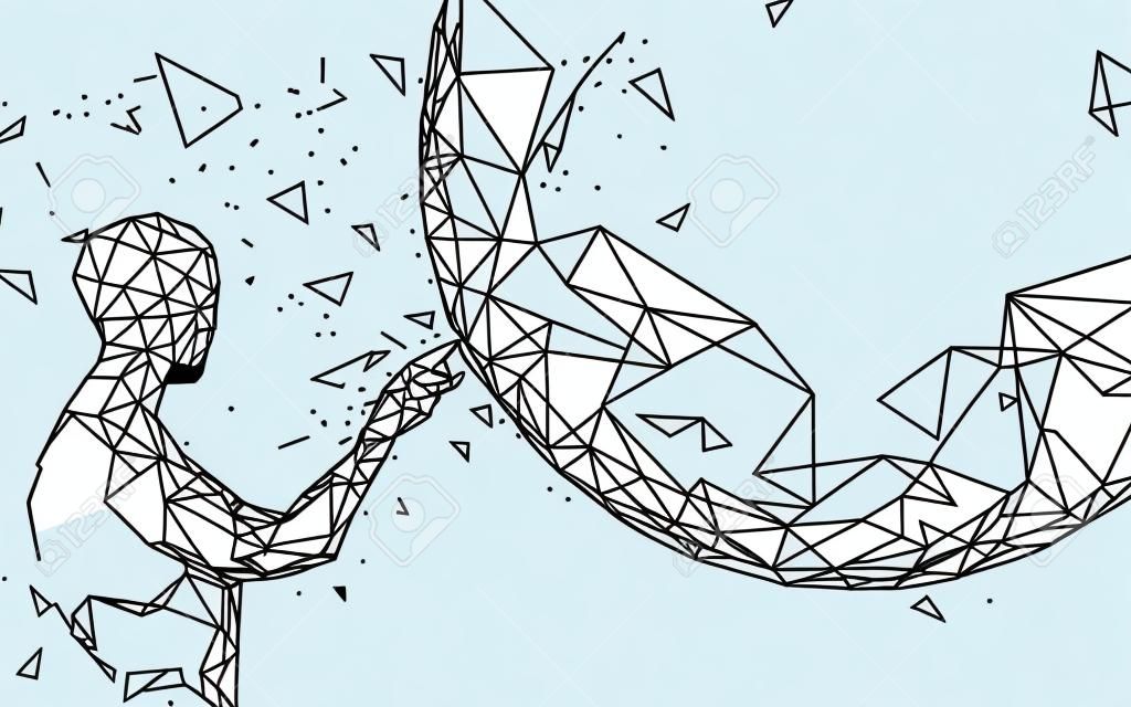 Man touching global from lines, triangles and particle style design. Illustration vector