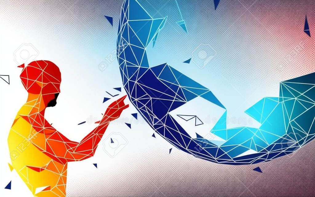 Man touching global from lines, triangles and particle style design. Illustration vector