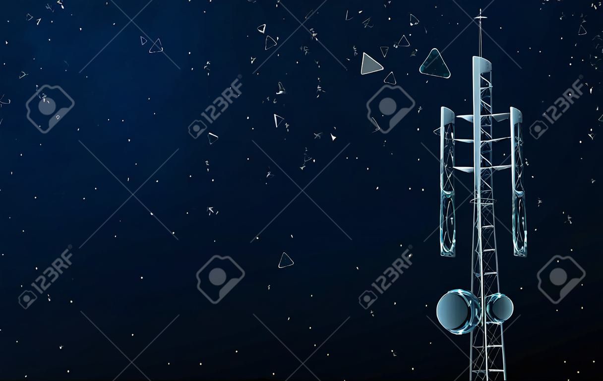 Mastro da estação de radiodifusão celular. Torre de telecomunicações. Linhas, triângulos e design de estilo de partícula