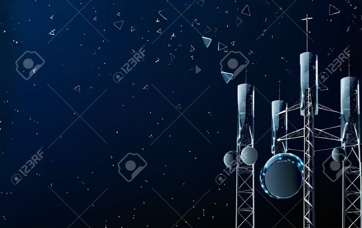 Mástil de estación de la radiodifusión celular. Torre de telecomunicaciones. Diseño de líneas, triángulos y partículas.