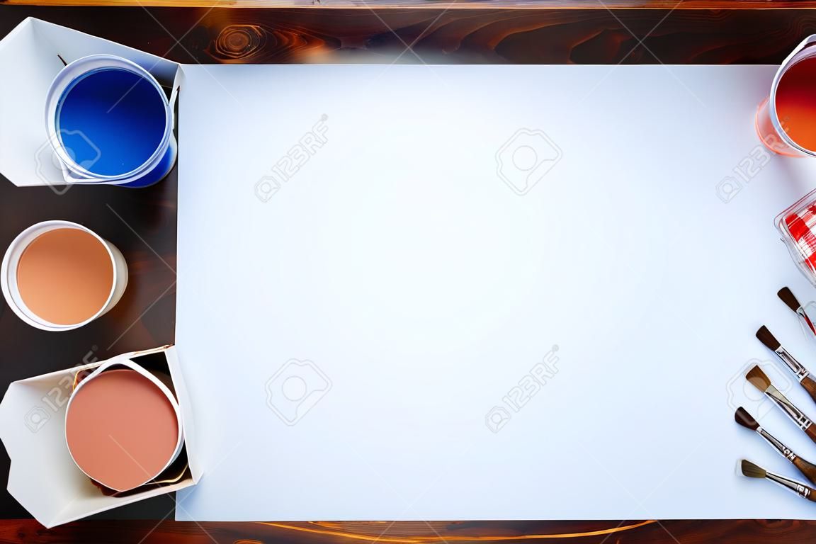 Los productos para la pintura y la hoja de papel en blanco en la mesa de madera de color marrón, vista desde arriba