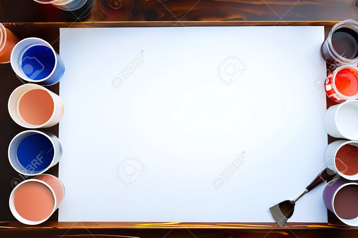 Los productos para la pintura y la hoja de papel en blanco en la mesa de madera de color marrón, vista desde arriba
