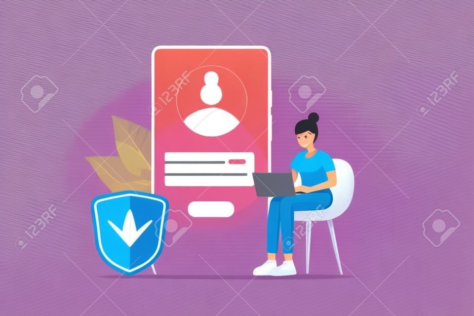 Online registration and sign up concept. Young woman signing up or login to online account on huge smartphone. User interface. Secure login and password. Vector illustration for UI, mobile app, web