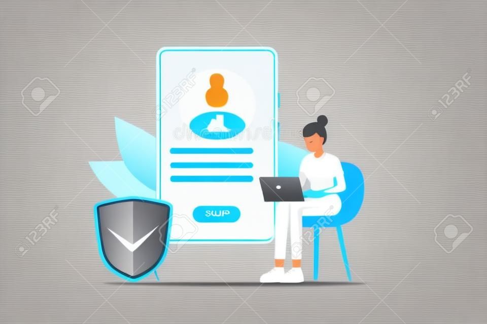 Online registration and sign up concept. Young woman signing up or login to online account on huge smartphone. User interface. Secure login and password. Vector illustration for UI, mobile app, web