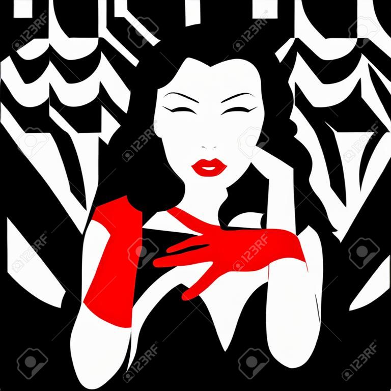 Schönes schwarz-weißes Vollgesicht der jungen Frauen mit roten Lippen und roten Handschuhen.