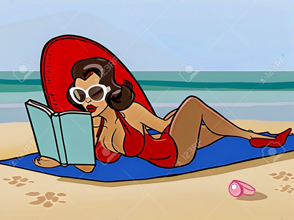 Funny cute cartoon pin-up girl on the beach.Vector illustration