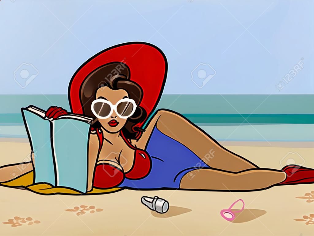 Funny cute cartoon pin-up girl on the beach.Vector illustration