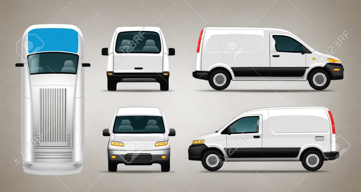 Conjunto de ilustraciones vectoriales realistas de furgoneta desde diferentes puntos de vista.
