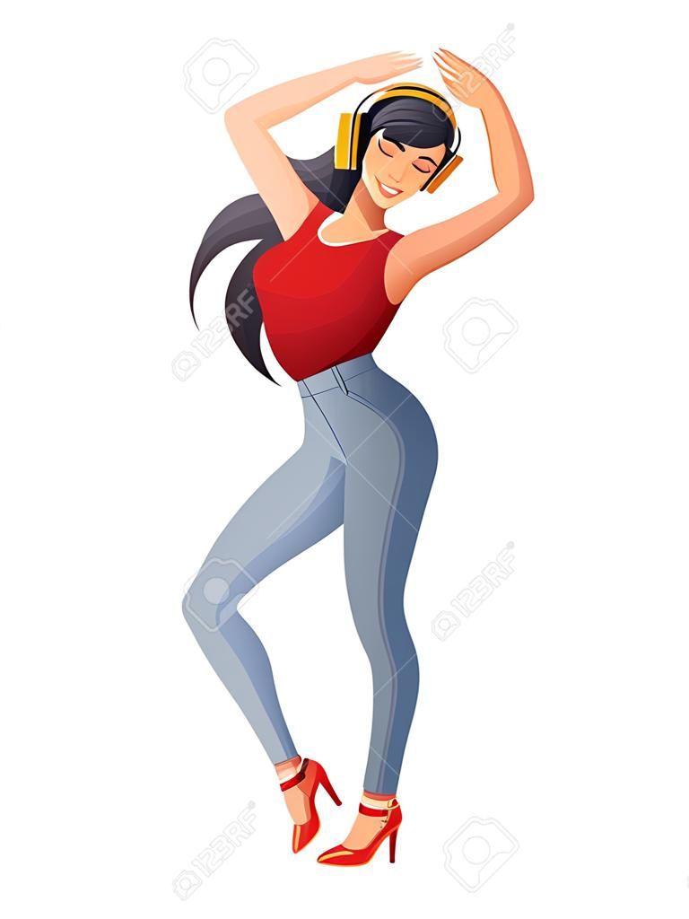 Young woman dancing with headphones. Vector illustration isolated on white background.