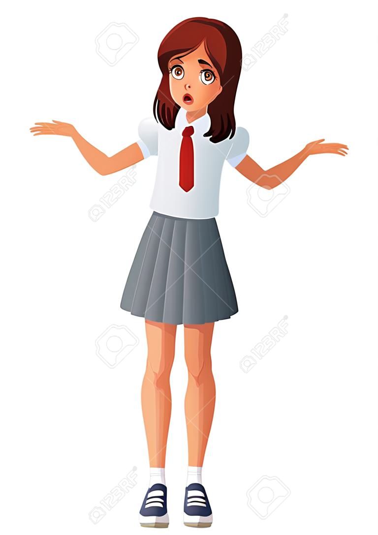 Menina confusa no uniforme da escola encolhendo os ombros. Ilustração vetorial isolada.