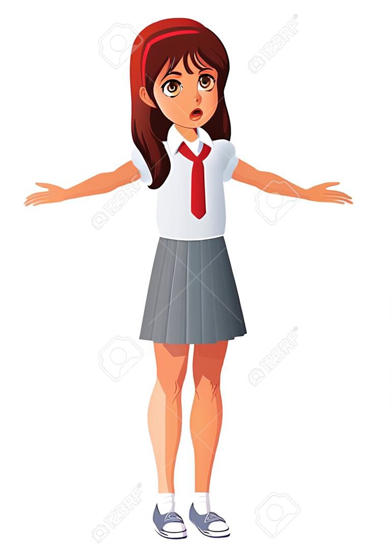 Chica confundida en uniforme escolar encogiéndose de hombros. Ilustración de vector aislado