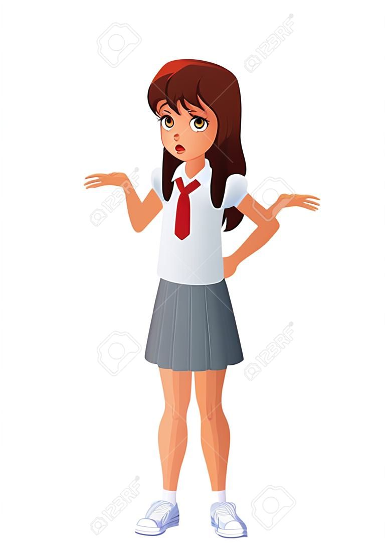 Menina confusa no uniforme da escola encolhendo os ombros. Ilustração vetorial isolada.