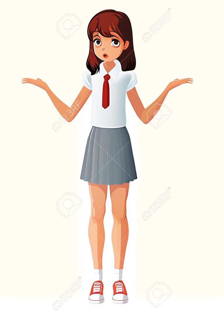 Chica confundida en uniforme escolar encogiéndose de hombros. Ilustración de vector aislado