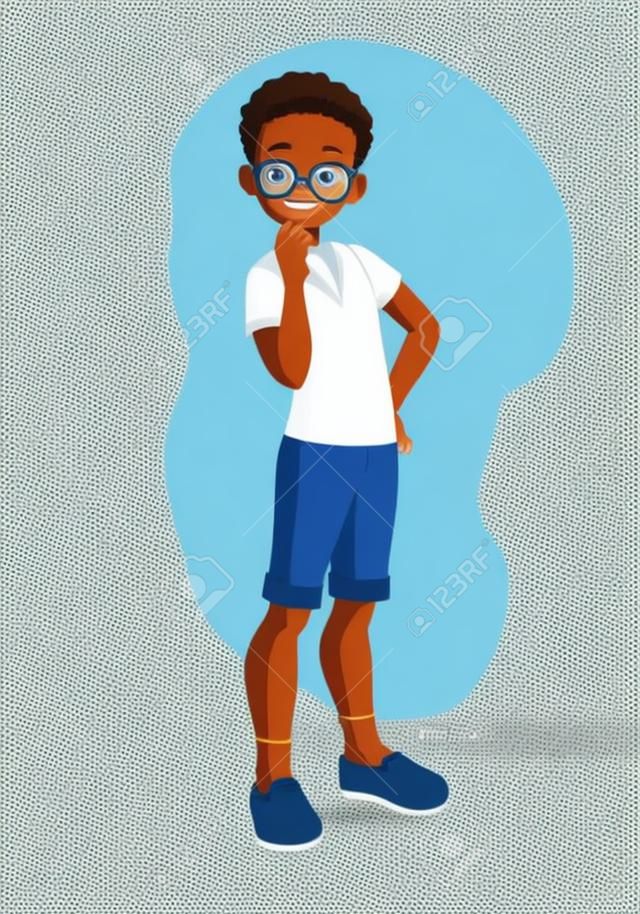 メガネで若いスマート好奇心アフリカ系アメリカ人思慮深い学生の男の子。白い背景に分離漫画のベクトルのイラスト。