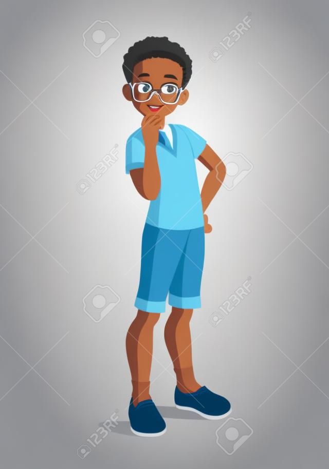 Young smart curious African American thoughtful student boy in glasses. Cartoon vector illustration isolated on white background.