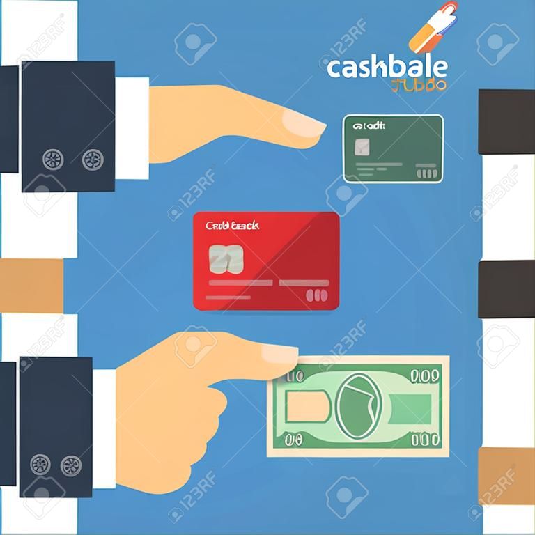 Cartão de crédito rupia indiana e modelo de ícone de vetor de design plano de pagamento em dinheiro para compras on-line cashback. Mãos humanas segurando cartão de plástico e banner de notas zombam.