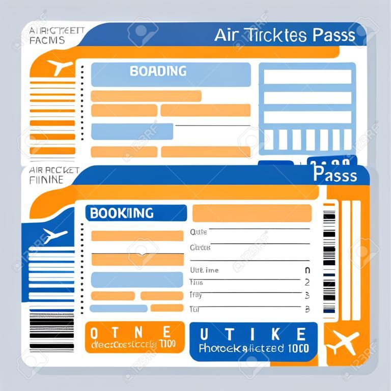 Płaski desipn niebieski i pomarańczowy bilet lotniczy i szablon wektor karty pokładowej. Formularz rezerwacji biletów lotniczych online makieta dla aplikacji internetowej i mobilnej.