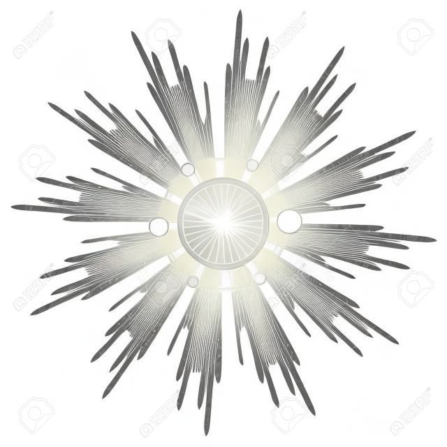 헤일로로 빛의 광선입니다. 손으로 그린 된 벡터 일러스트 레이 션 빈티지 새겨진 된 스타일에 흰색에 격리. 라인 아트 문신 템플릿. 스크랩북 요소입니다. 교만과 영광과 신성한 빛의 상징