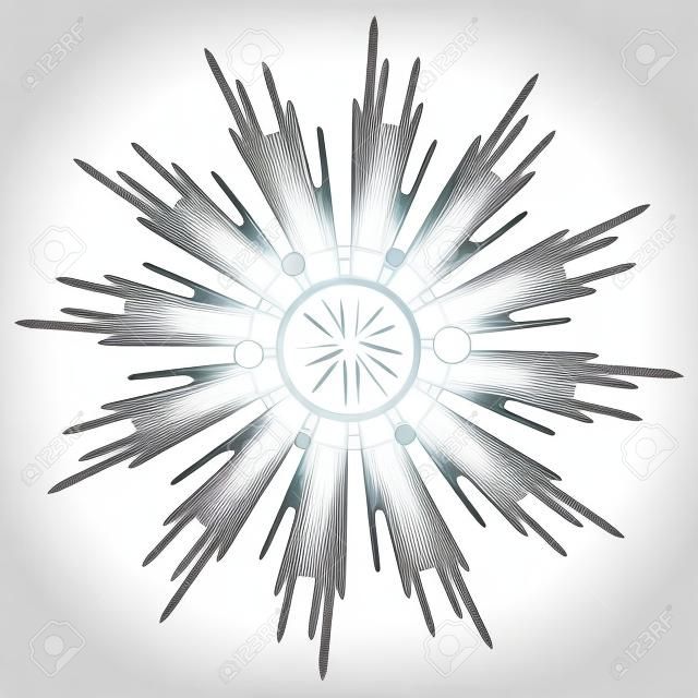헤일로로 빛의 광선입니다. 손으로 그린 된 벡터 일러스트 레이 션 빈티지 새겨진 된 스타일에 흰색에 격리. 라인 아트 문신 템플릿. 스크랩북 요소입니다. 교만과 영광과 신성한 빛의 상징