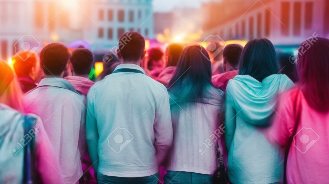 Rear view of a group of people attending a music festival in the city
