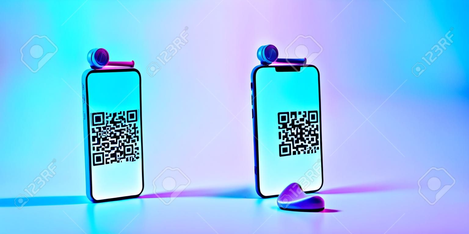 Scan qrcode. Digital mobile smart phone with qr code scanner on smartphone screen for payment, online pay, scan barcode technology on neon background. Retail shop accepted digital pay without money