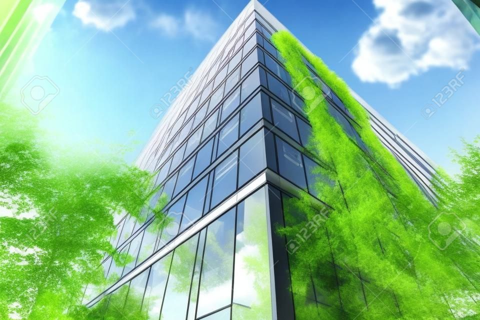 Zielony biurowiec w nowoczesnym szklanym budynku metropolii z zielonymi gałęziami drzew i liśćmi w celu ograniczenia koncepcji generowania dwutlenku węgla ai