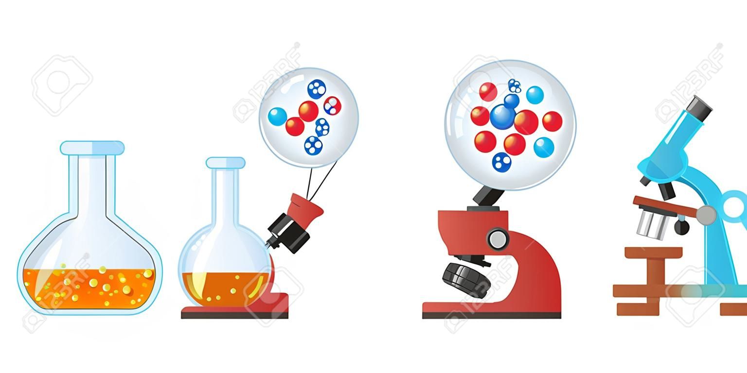 Set of colorful scientific experiments in cartoon style. Vector illustration of flasks and potions with mixed substances, microscope with view of different molecules white background.