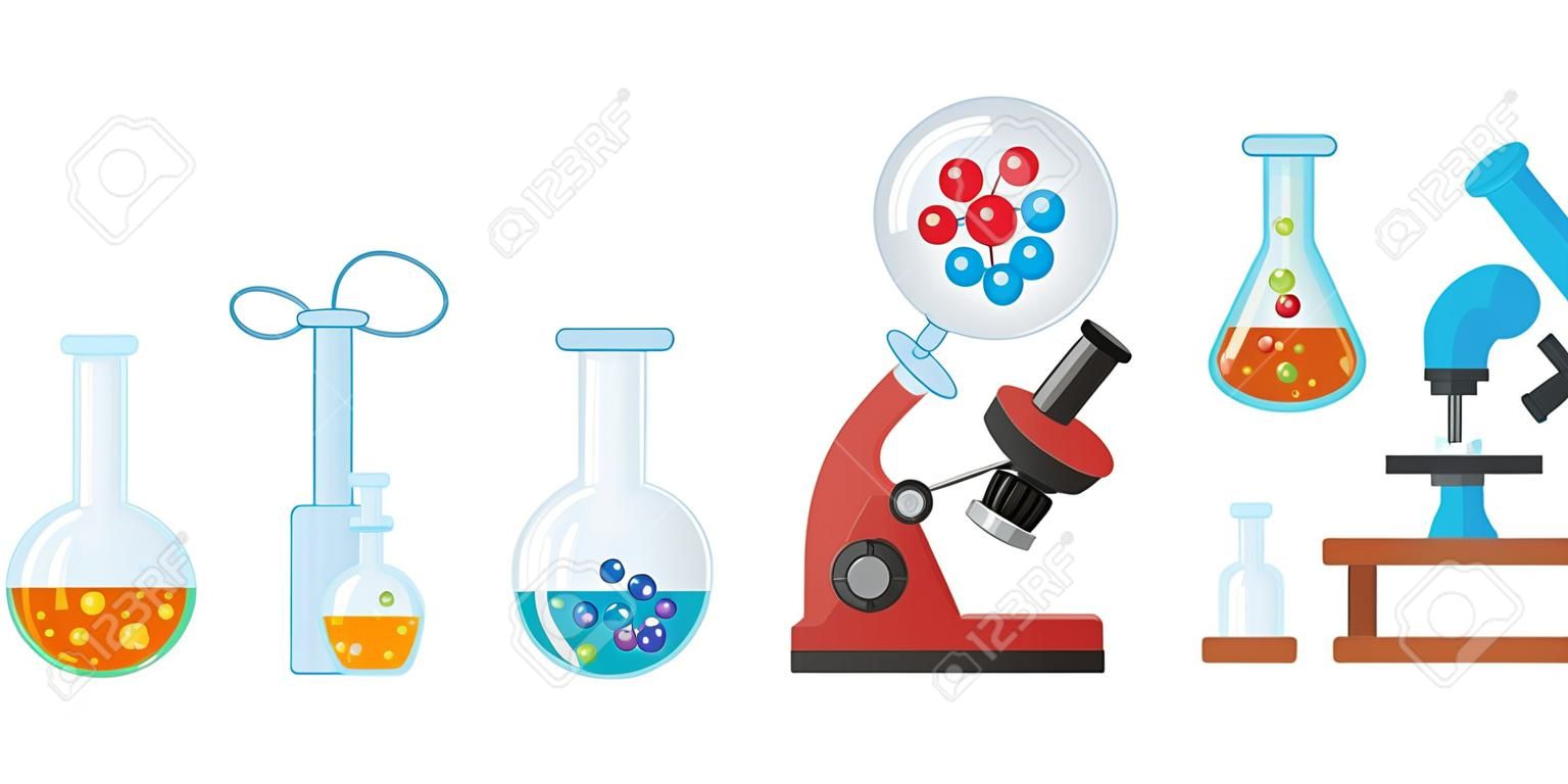 Set of colorful scientific experiments in cartoon style. Vector illustration of flasks and potions with mixed substances, microscope with view of different molecules white background.