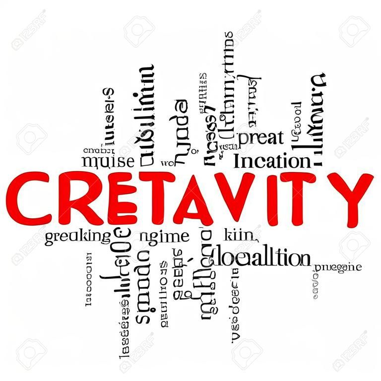 創造性単語雲概念は赤幸せ、技術革新、楽しい、incubaton、アイデアや詳細などの偉大な条件で走り書きしました。
