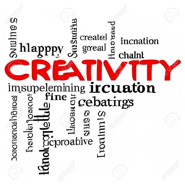 Kreativitás, Szó, felhő, fogalom firkált, vörös, nagy kifejezések, mint a boldog, az innováció, a szórakozás, incubaton, ötletek és így tovább.