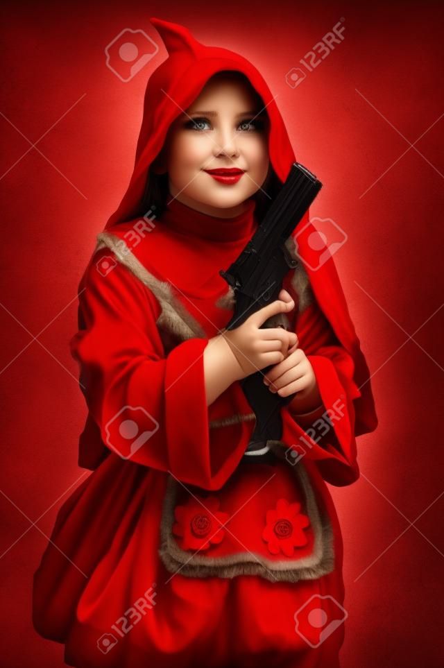 modern Little Red Riding Hood with gun