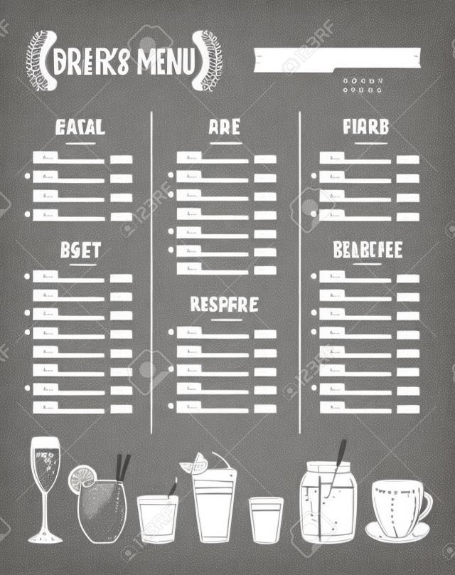 手繪矢量插畫-酒吧菜單。餐館菜單模板與例證的在剪影樣式。小冊子，咖啡館傳單，交付菜單的完美選擇。