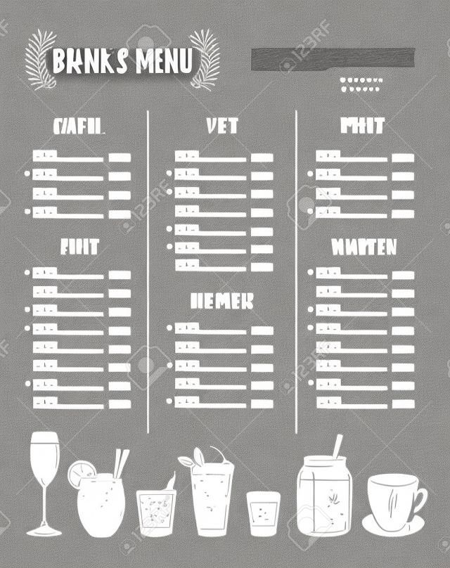 Hand drawn vector illustration - Bar menu. Template of Restaurant menu with illustrations in sketch style. Perfect for brochure, cafe flyer, delivery menu.