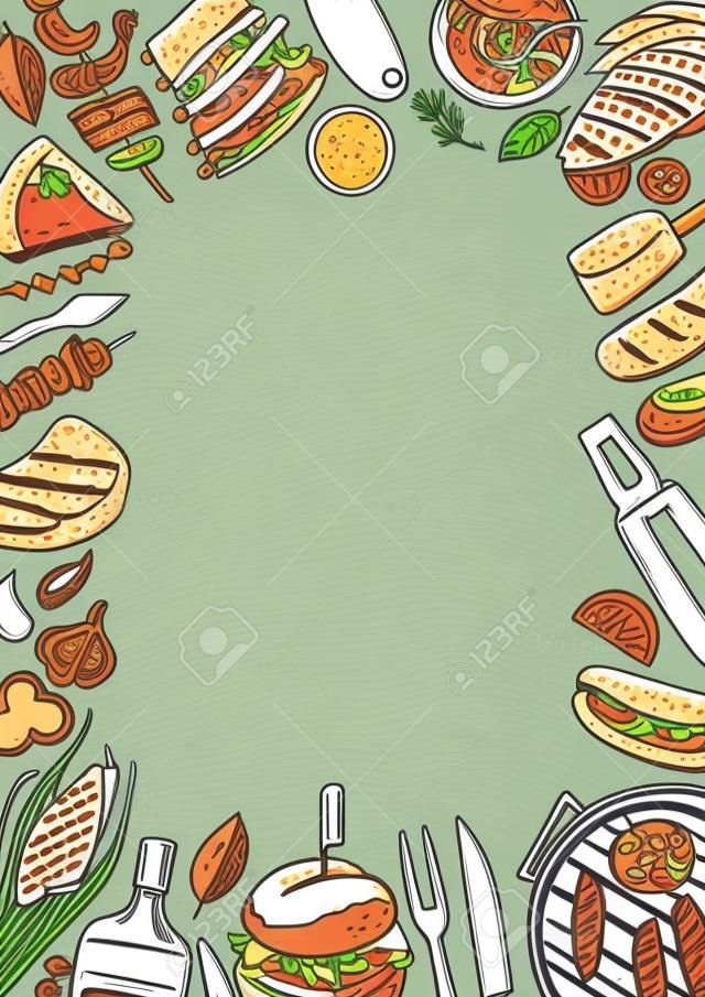 Hand drawn vector illustration. BBQ menu. Barbecue design elements in sketch style. Fast food. Perfect for delivery flyers, prints, packing, leaflets, advertising, wrapping paper