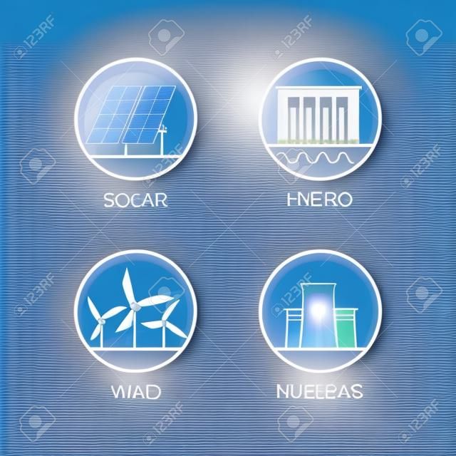 신 재생 에너지 벡터 일러스트 레이 션. 평면 스타일의 신 재생 에너지 개념입니다. 에너지 태양 광 및 풍력