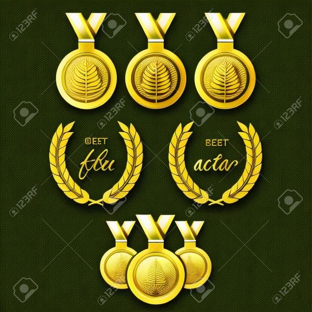Wektor złota nagroda wieniec laurowy zwycięzca etykieta liść symbol zwycięstwo złota nagroda wektor